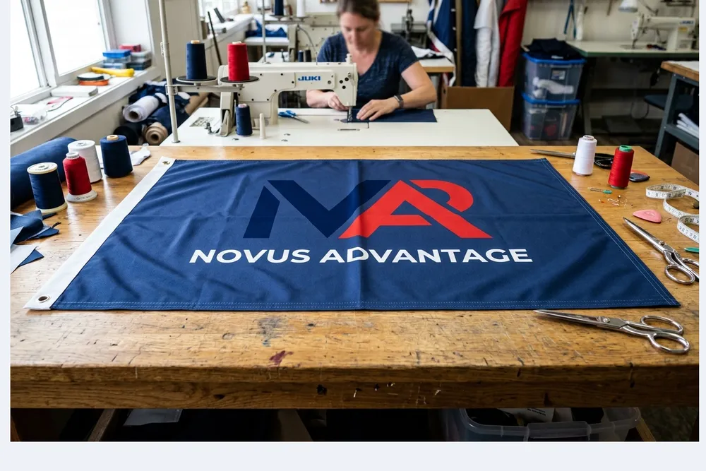 Bandeira personalizada corporativa com logotipo na máquina de costura da oficina